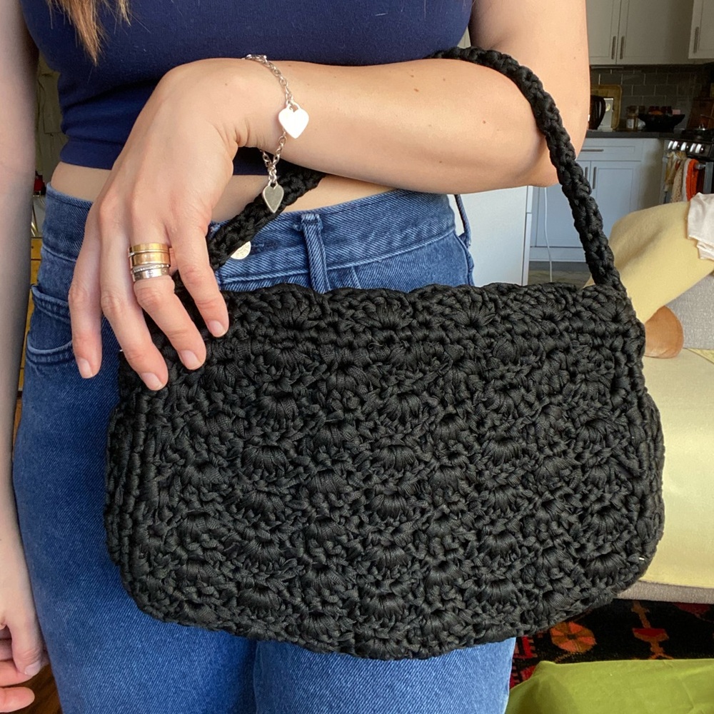 Vintage Black Woven Macrame Shoulder Bag